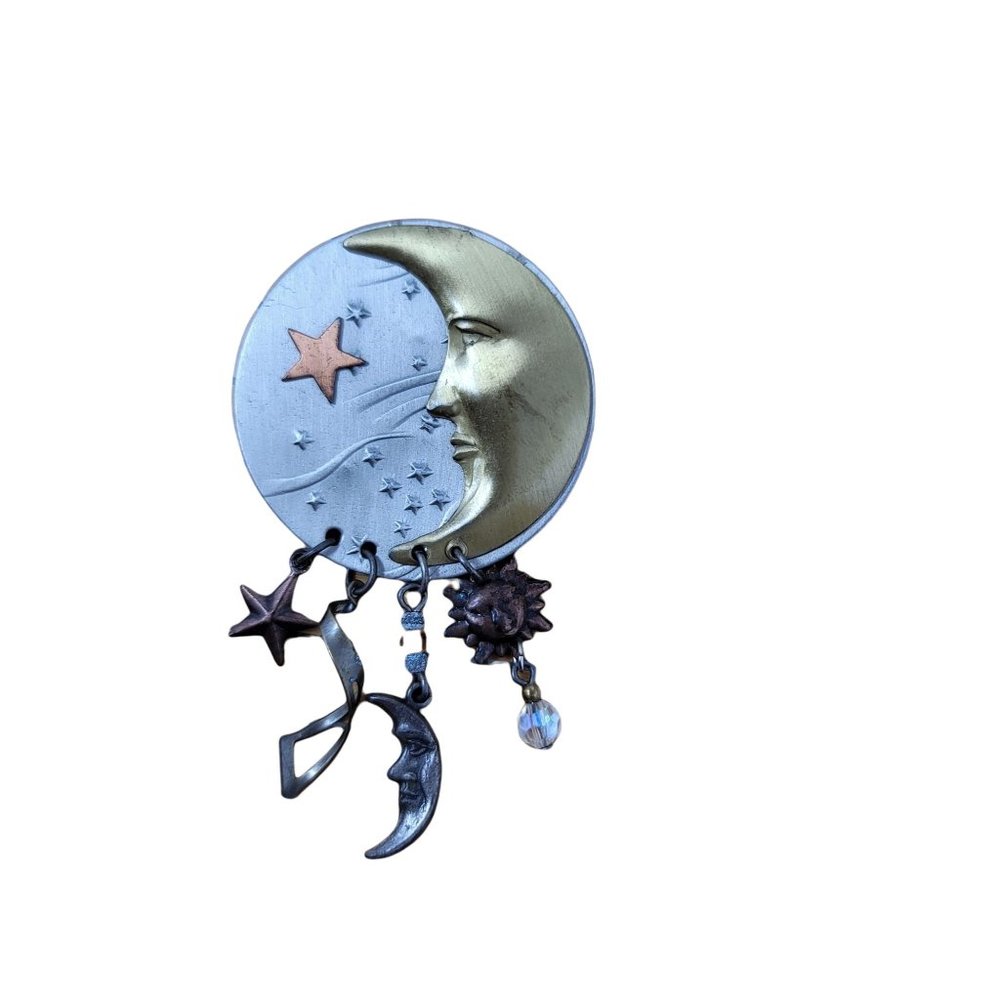 Moon & Stars Dangle Pin Brooch Silver & Gold Vintage